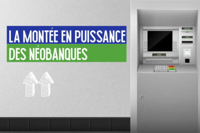 Distributeur automatique de billets à droite avec le texte "La montée en puissance des néobanques" à gauche sur un mur gris.