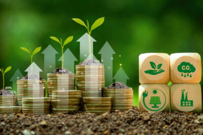 Piles de pièces de monnaie avec des plantules qui poussent sur le dessus et des flèches ascendantes, à côté de blocs en bois avec des symboles écologiques.