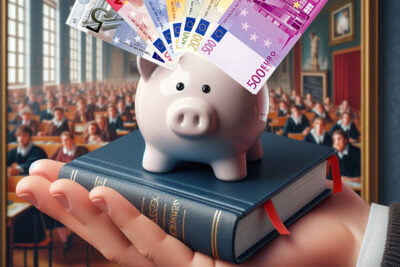 Tirelire cochon sur un livre, avec des billets d'euro s'envolant, illustrant l'épargne pour l'éducation des enfants.