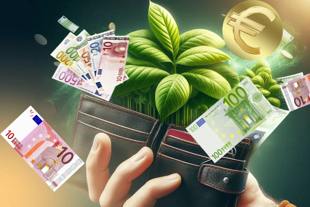 Billets d'euros s'envolant d'un portefeuille vers une plante en croissance, symbolisant l'investissement éthique et durable.
