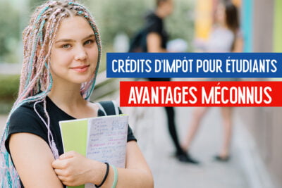 Étudiante souriante tenant des cahiers avec un texte en surimpression "CRÉDITS D'IMPÔT POUR ÉTUDIANTS AVANTAGES MÉCONNUS".