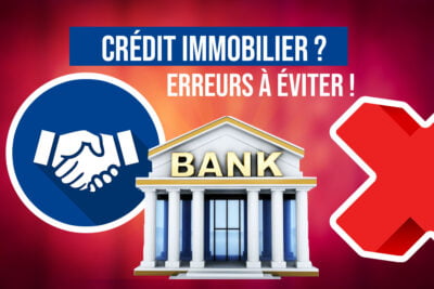 Mise en garde sur un crédit immobilier avec une poignée de main et un symbole d'erreur devant une banque.