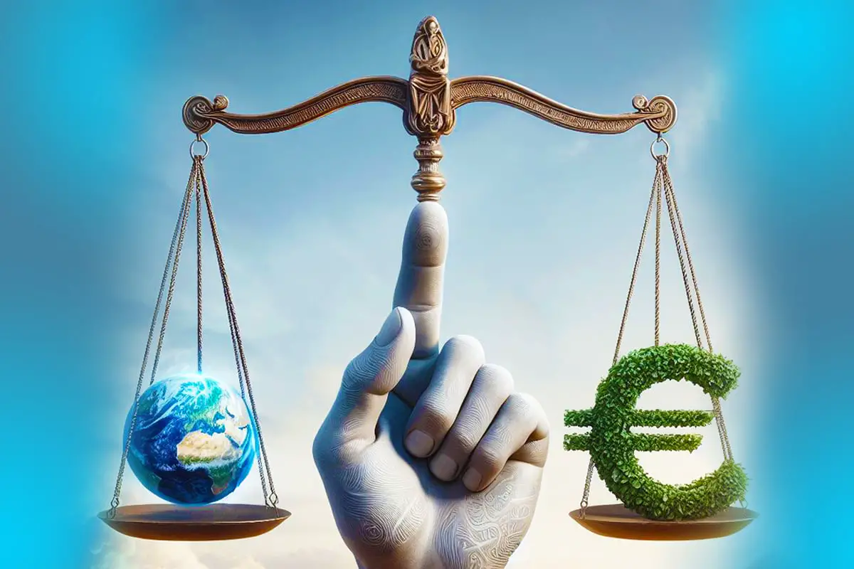 Balance tenue par un doigt avec la Terre d'un côté et un symbole d'euro en feuillage de l'autre, représentant la finance éthique.