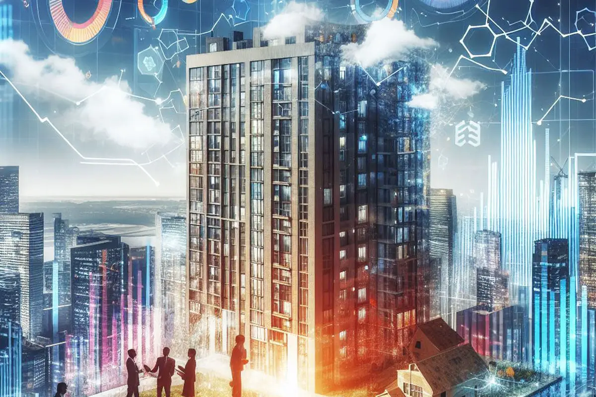 Vue de gratte-ciel modernes avec des graphiques holographiques, représentant l'innovation dans le financement immobilier.
